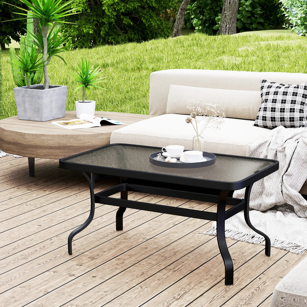 Patio Coffee Table with Tempered Glass Top and Metal Frame, Black