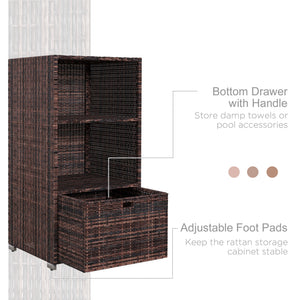 Outdoor storage cabinet in woven rattan with drawer, brown
