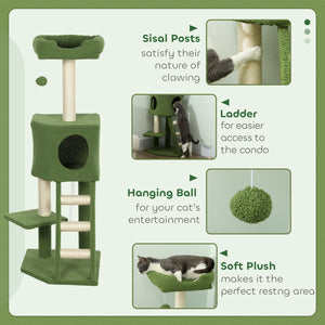 119cm high cat tree with niche, ladder, scratching posts and hanging ball, green