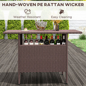 Outdoor rattan bar table with 2 storage shelves, brown