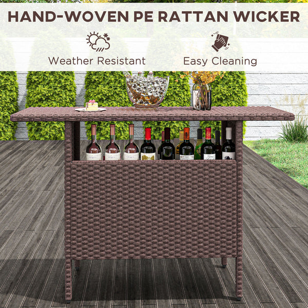 Outdoor rattan bar table with 2 storage shelves, brown