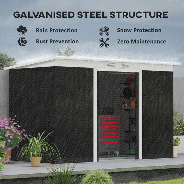 Galvanized steel garden shed with foundation kit, ventilation and doors, dark grey