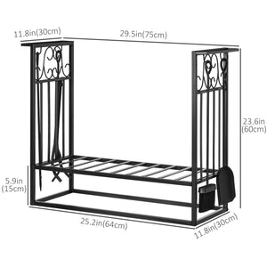 Firewood rack with 4 fireplace tools and raised base – Black