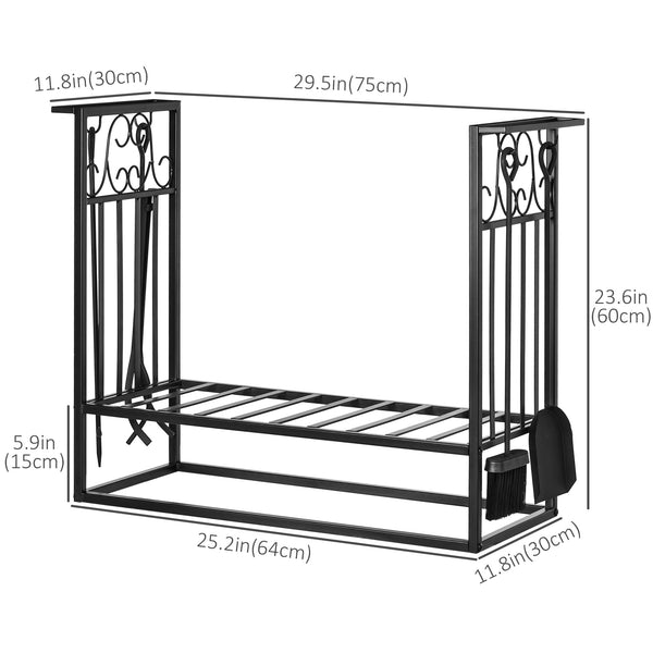 Firewood rack with 4 fireplace tools and raised base – Black