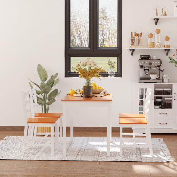 4 Person Pine Dining Set with High Back Chairs, White and Natural Wood