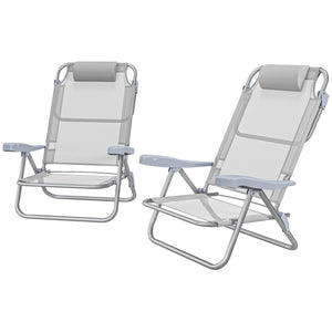 Set of 2 beach chairs, camping chairs with adjustable backrest and headrest, light gray