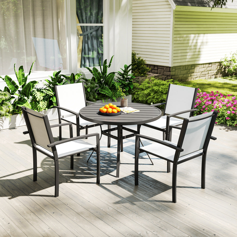 5-Piece Outdoor Dining Set with Round Table and 4 Stackable Chairs, for Garden, Lawn, Patio, Balcony and Poolside