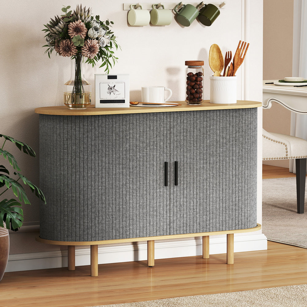 Sideboard with fluted tambour sliding doors with shelves and wooden legs, grey