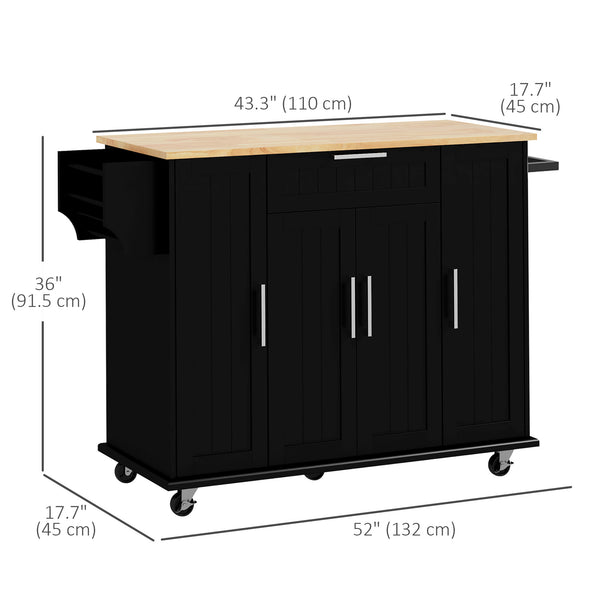 Modern Kitchen Trolley with Drawers, Natural Wood Top, Towel Rack, Door Storage Cabinet, Black