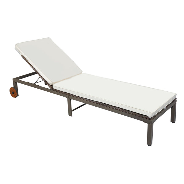 Rattan chaise lounge with 4-position adjustable backrest and casters, cream white