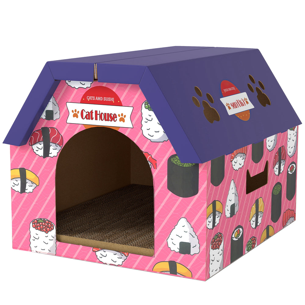 Cat house with scratching post, pink
