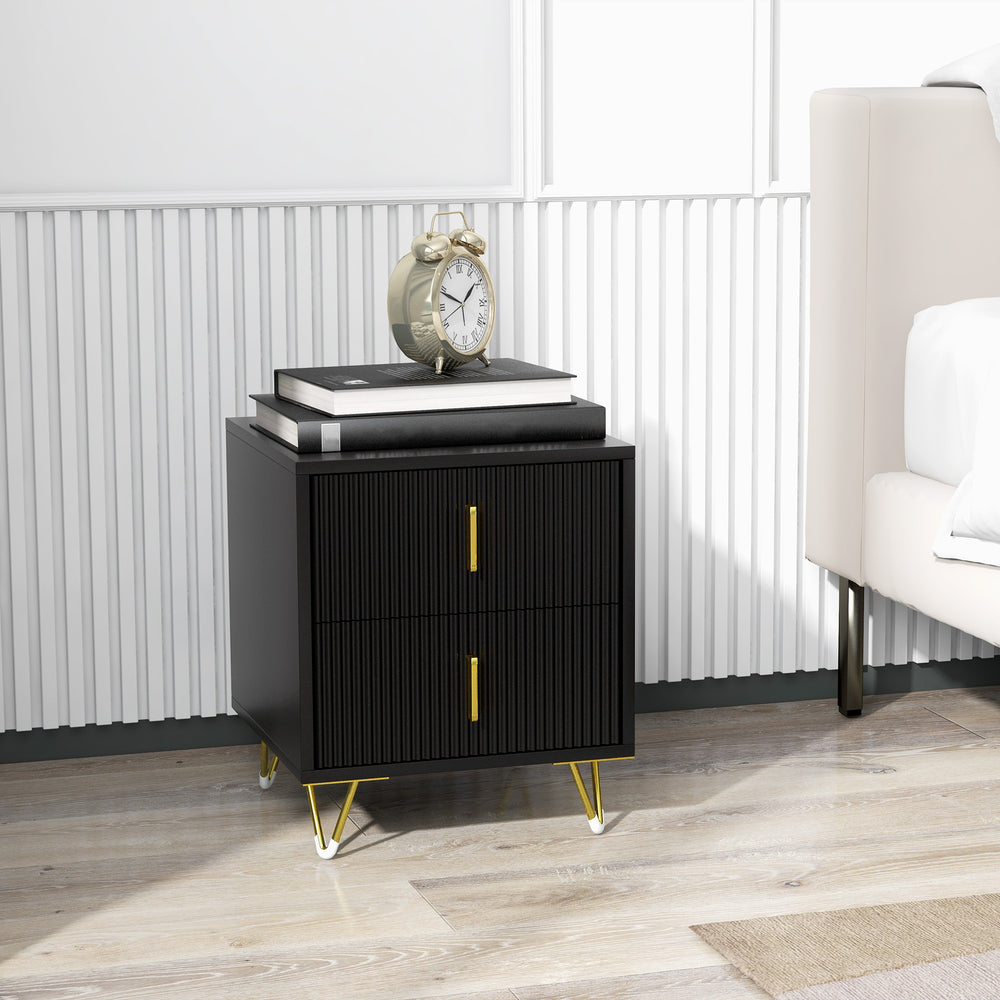 Modern bedside table with 2 drawers and metal legs, black