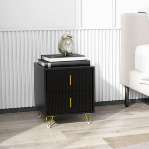 Modern bedside table with 2 drawers and metal legs, black