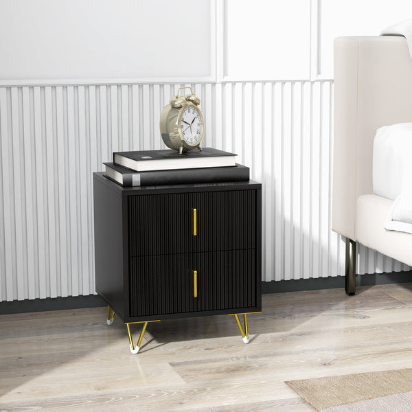 Modern bedside table with 2 drawers and metal legs, black