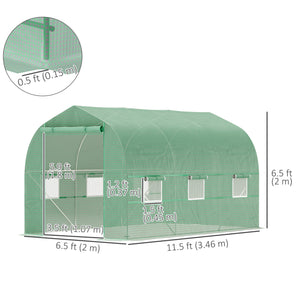 Greenhouse tunnel with roll-up door and 6 screened windows, steel frame, green