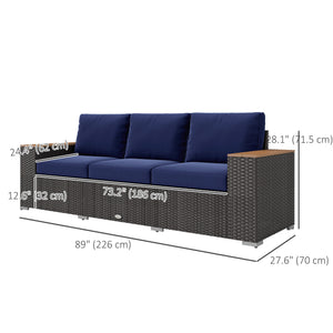 3-Seater Outdoor Sofa Couch, PE Wicker Patio Sofa with Cushions, Wood Grain Armrests, Dark Blue