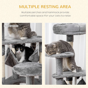 52" Multi-Level Cat Tree, Scratching Post, Playhouse with Hammock - Grey
