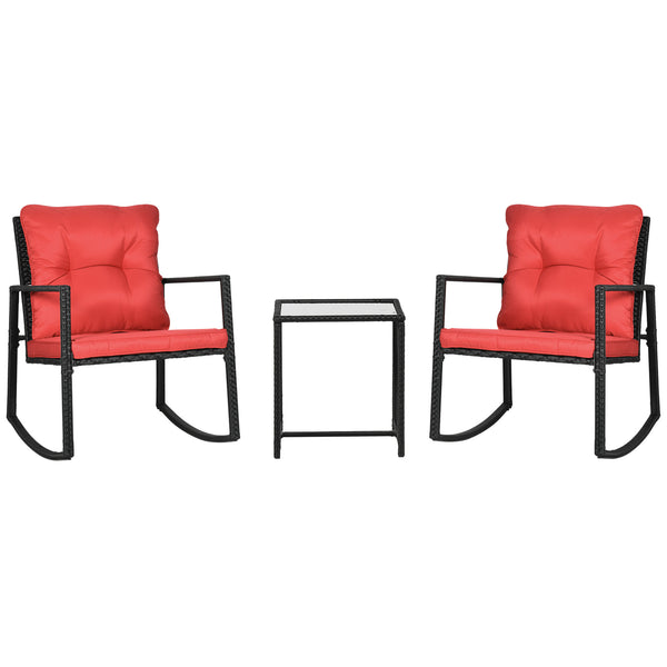 3-piece bistro set in woven resin with coffee table and rocking chairs, red