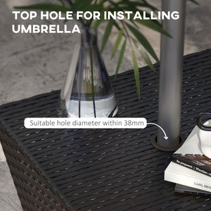 Outdoor Patio Rattan Wicker Coffee Table Garden End Tea Table Bistro Side Table w/ Umbrella Hole, Dark Coffee