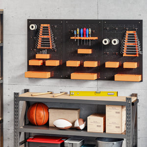 Wall-mounted tool organizer with 3 panels, 9 bins, 5 holders, and 16 hooks – Black and orange
