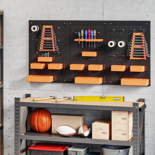 Wall-mounted tool organizer with 3 panels, 9 bins, 5 holders, and 16 hooks – Black and orange
