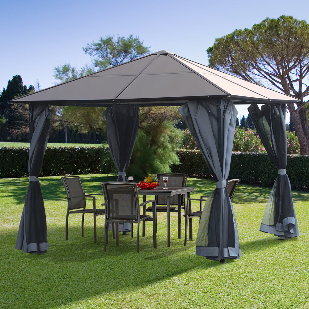 10 x 10 aluminum gazebo with mesh curtains and side panels, grey.