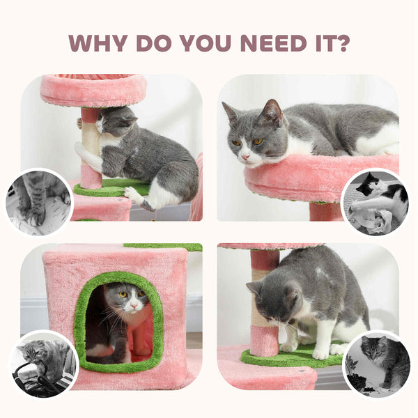 71cm Cat Tree with Soft Bed, Comfortable Cave, Scratching Post and Hanging Ball, Pink and Green