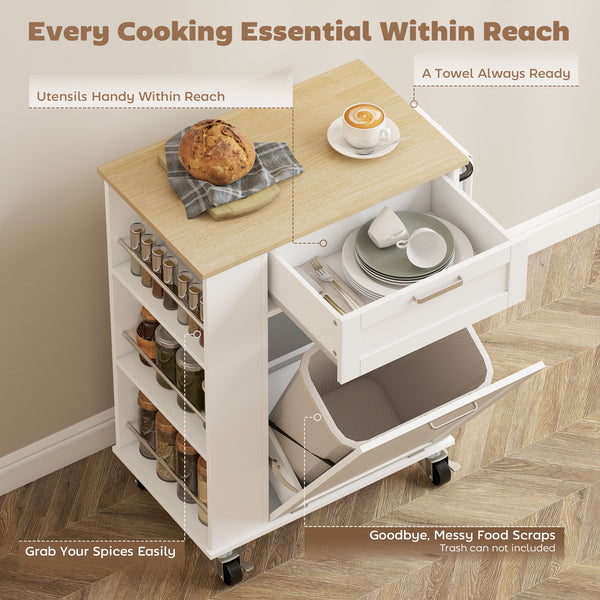 Mobile kitchen island with tilt bin compartment, drawer and storage