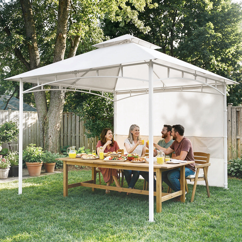 10' x 10' Patio Gazebo, Double Roof Outdoor Gazebo Canopy Shelter with Storage, Hook, Metal Frame, Cream White