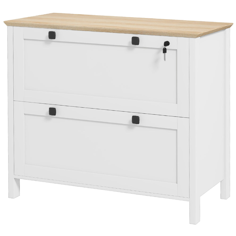 Lockable two-drawer filing cabinet with adjustable hanging bar for Letter, A4, and Legal sizes, white.