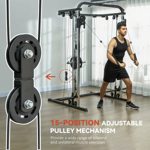 3-in-1 Squat Machine with Cable Crossover System, Pull-Up Station, 16-Level Squat Rack, and Barbell