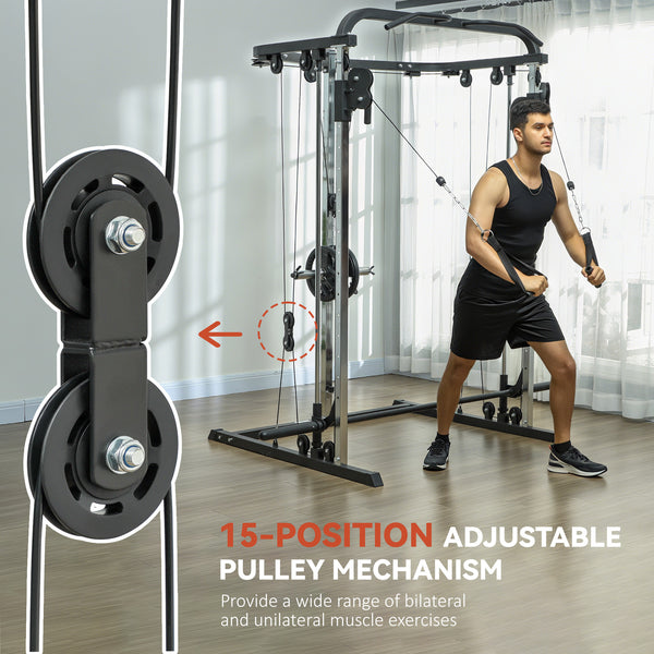 3-in-1 Squat Machine with Cable Crossover System, Pull-Up Station, 16-Level Squat Rack, and Barbell