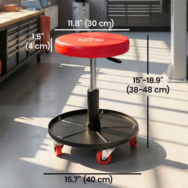 Adjustable mechanic's stool with casters and tool storage tray, red
