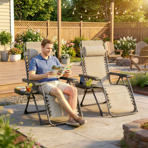 Set of 2 Folding and Reclining Outdoor Lounge Chairs, with Cup Holder and Headrest, Light Brown