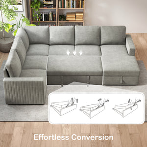 Sofa bed with hidden storage, chaise longue, velvet upholstery, gray