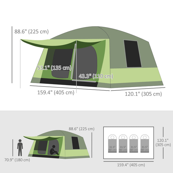 Tunnel Tent with Porch, Two Rooms, Lamp Hook, Portable Carry Bag, Green