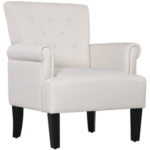 Fabric accent chair with wooden legs and rounded armrests, cream white
