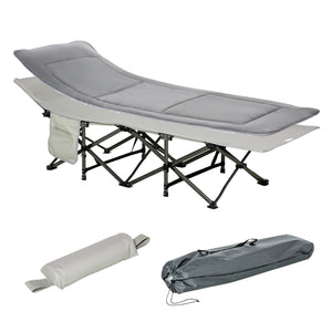 Folding camp bed with mattress and pillow, light grey