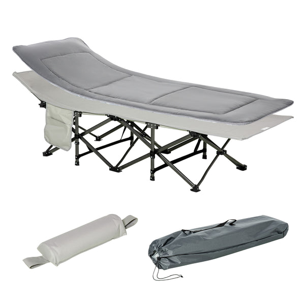 Folding camp bed with mattress and pillow, light grey