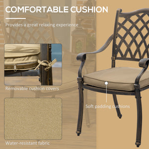 7 Piece Cast Iron Garden Dining Set with 6 Upholstered Chairs and Rectangular Dining Table, Khaki