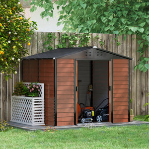 Galvanized steel garden shed with lockable doors and floor structure, teak color