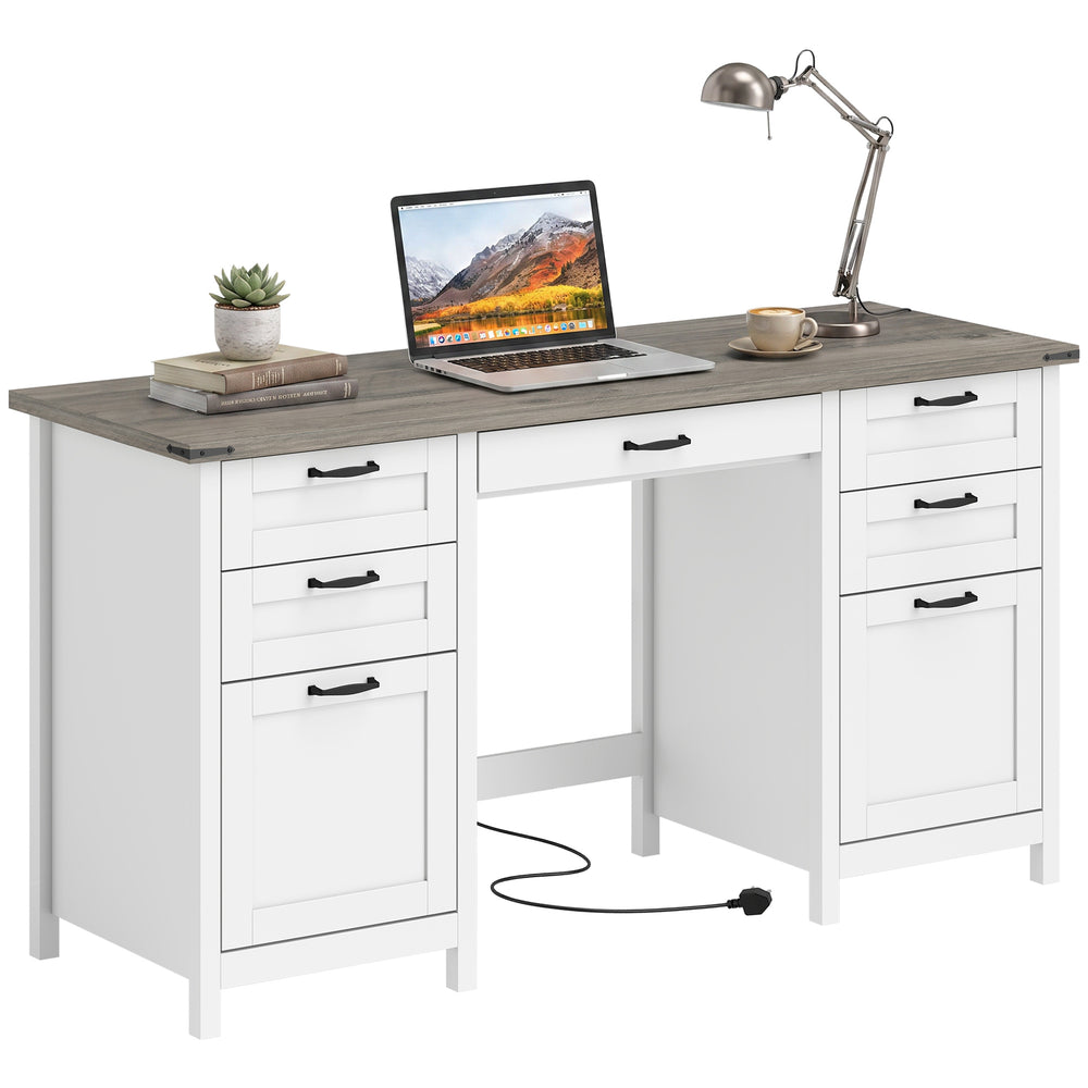 57-inch 7-drawer desk with outlets, white and brown