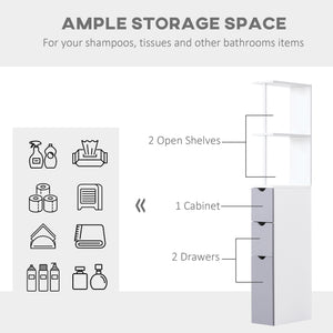 Narrow unit with drawers and open shelves for small spaces, white and grey