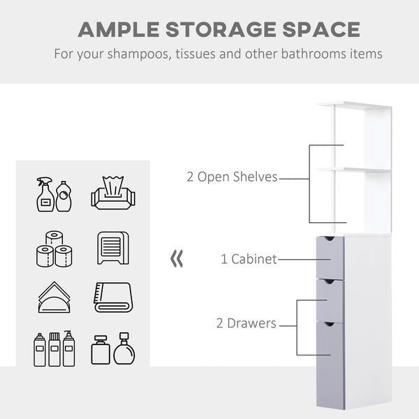 Narrow unit with drawers and open shelves for small spaces, white and grey