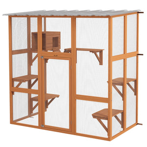 Cat enclosure with waterproof roof, resting niche and platforms, orange