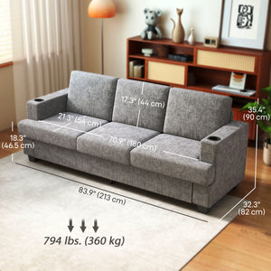 3-seater sofa with USB ports and cup holders, gray