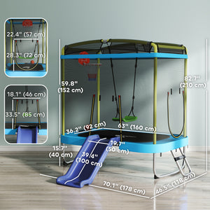 Trampoline with slide, swing, basketball hoop and safety net, light blue 