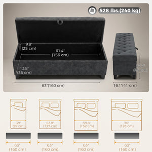 63" Upholstered Velvet Storage Bench, Dark Grey