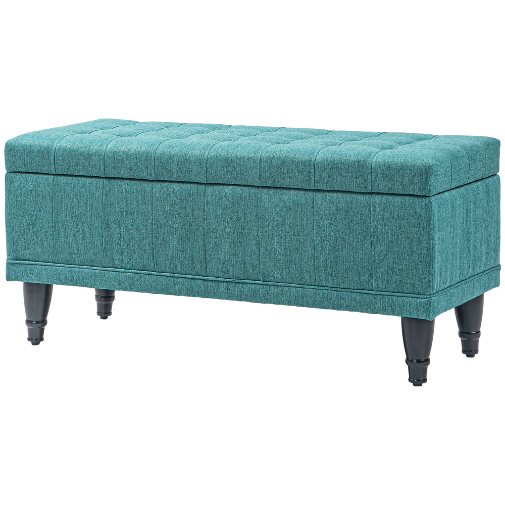 Linen fabric storage pouf with button tufting, green