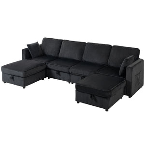 U-shaped corduroy sofa with double storage ottoman, under-seat storage, 4 cushions, dark grey